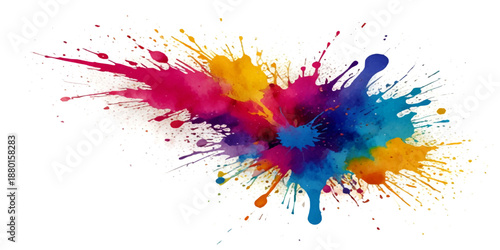 Abstract dynamic color powder blast with pink, yellow, and blue pigments bursting outward on a clean white background, forming a bold festive dust splash ideal for Holi and modern creative designs
