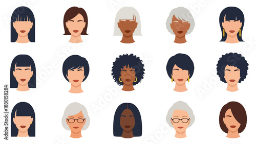 Diverse group of women with different hairstyles and ages illustrated in a grid
