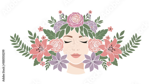 Serene woman surrounded by lush flowers and foliage, illustration
