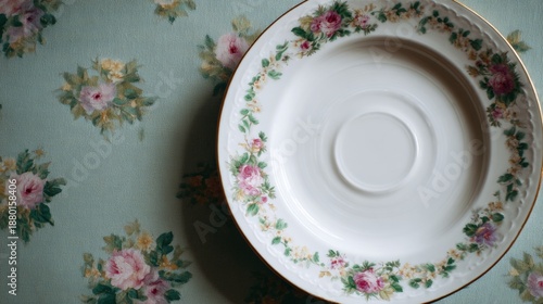 Close-up of a white plate with a gold rim. the plate is placed on a light green tablecloth with a floral pattern. the pattern is made up of pink and yellow roses with green leaves and stems.