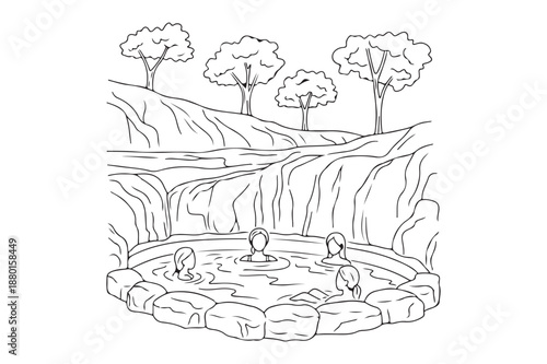 Women Relaxing in Natural Hot Spring Pool Drawing