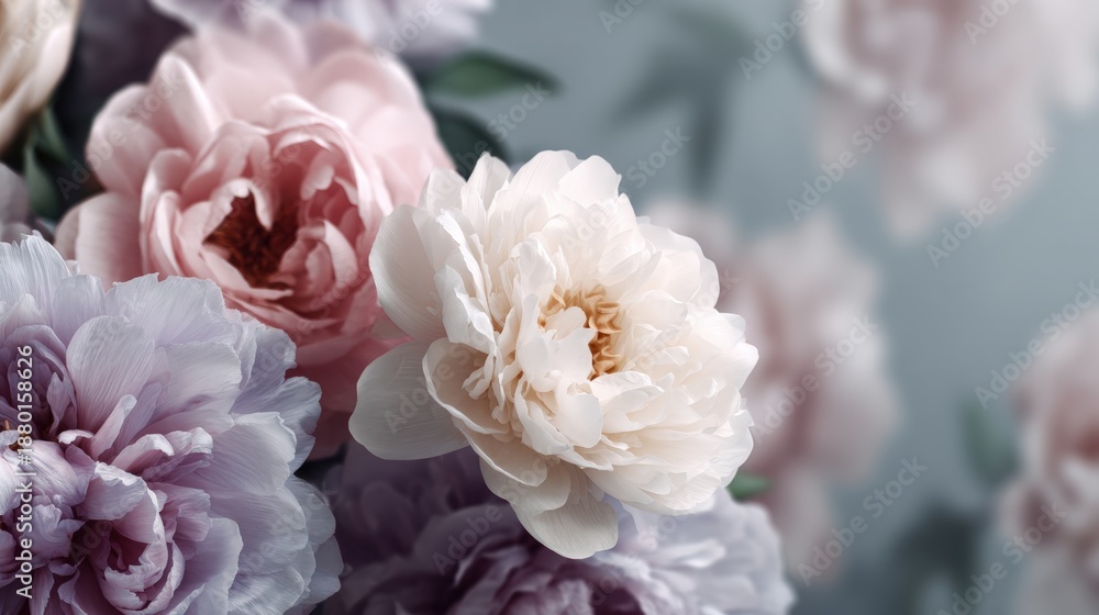Obraz premium Close-up of a group of flowers. the flowers are in various shades of pink, purple, and white. the petals of the flowers are soft and delicate, with a hint of yellow in the center.