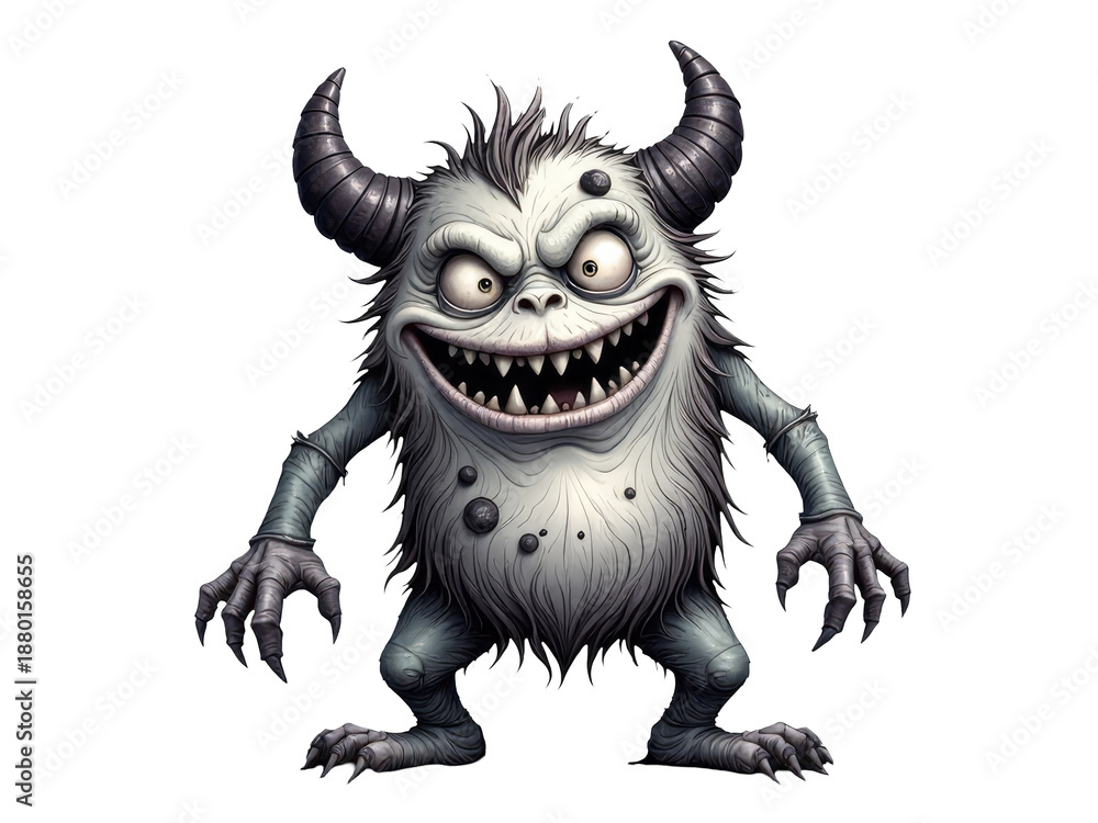 Fototapeta premium A colorful illustration of a monster with distinctive horns and big teeth, suitable for children's books or educational materials