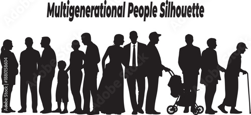 Diverse group of multigenerational people silhouettes standing together in a long line