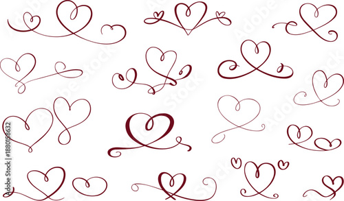 Elegant collection of hand drawn red calligraphic heart shapes with flowing swirls on a clean white background