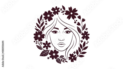 Illustration of a woman's face surrounded by floral elements and leaves in a circular pattern