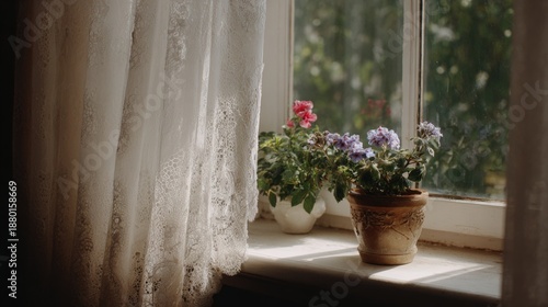 Window with a white lace curtain on the left side. on the right side of the window, there is a potted plant with purple and pink flowers.