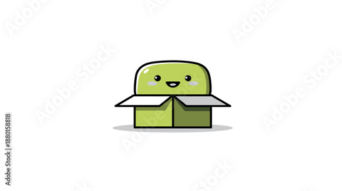 Cute Green Character Peeking from an Open Cardboard Box Illustration. Happy Kawaii Doodle Mascot Vector Design on White Background.