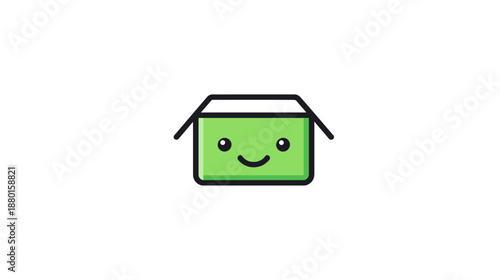 Happy smiling green open box icon, friendly character illustration. Ideal for delivery, packaging, unboxing, gift, or surprise concepts.