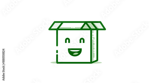 Happy smiling open cardboard box line art icon. Minimalist green outline illustration of a cheerful package for delivery and service concept.