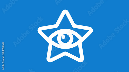 Modern White Outline Star with an Eye Icon on a Bright Blue Background, Representing Vision, Quality, Surveillance, or Excellence