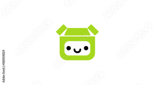 Adorable green cartoon box character with a happy smiling face and open top, representing delivery, packaging, technology, or service.