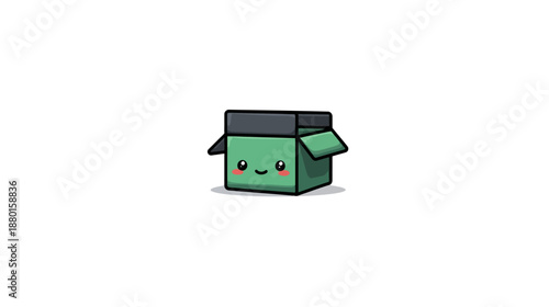 Cute green cartoon box illustration with a happy smiling face. Adorable open empty container for delivery, gift, or packaging.