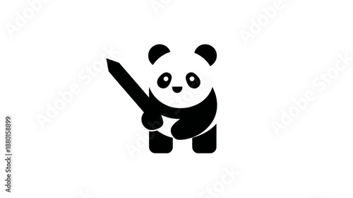Cute Panda Bear Warrior with Sword Minimalist Black and White Vector Illustration. Adorable Cartoon Character Design.