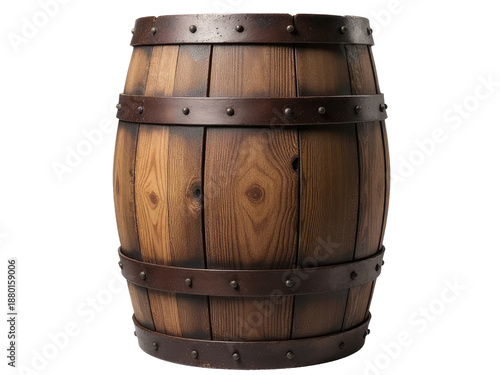 A wooden barrel with metal straps on a white background
