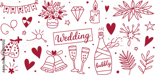 Delightful collection of hand drawn wedding celebration doodles with hearts, bells, champagne, and flowers