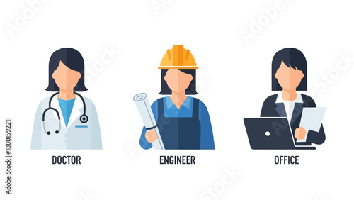 Professional women in various careers, including doctor, engineer, and office worker, depicted in a modern illustration style
