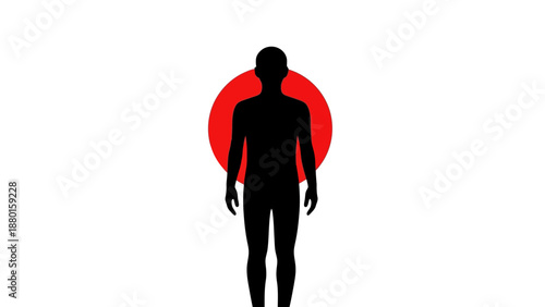 Silhouette of a person standing in front of a red circle illustration
