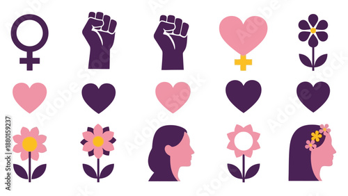 Feminist symbols and icons representing empowerment, solidarity, and love in a graphic illustration