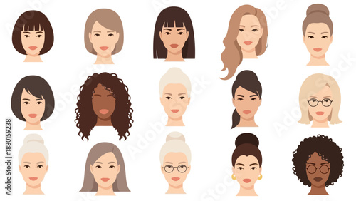 Diverse group of women faces illustration showcasing various hairstyles and ethnicities