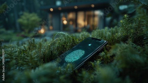 Smartphone with fingerprint scanner rests on grass outside a modern house at dusk with lights on inside