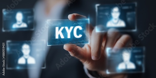 Holding a transparent card with KYC letters and various faces displayed in a digital format in a data verification process