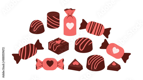 Assorted chocolates and sweets arranged in a circular pattern on a plain surface, viewed from directly above