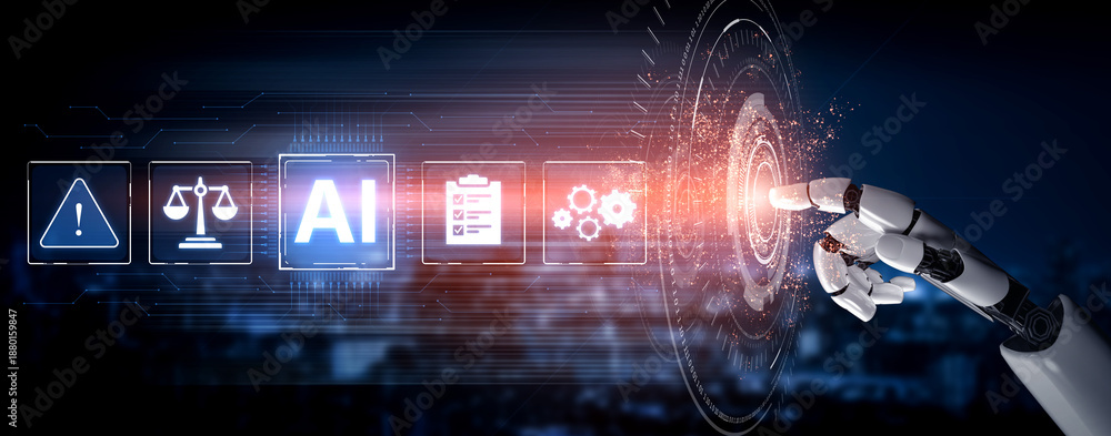 Obraz premium A generative AI system provides a solution for corporate governance, risk, and compliance (GRC). The assistant automates legal processes and regulatory policy checks. Fermion