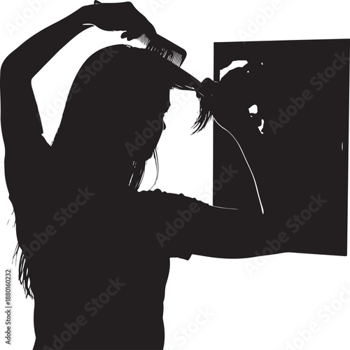 Silhouette of a woman combing her long hair in front of a mirror. Personal grooming and morning routine concept.