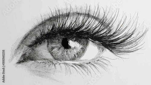 Close-up realistic pencil drawing of a beautiful human eye with long, expressive eyelashes, monochrome art sketch.