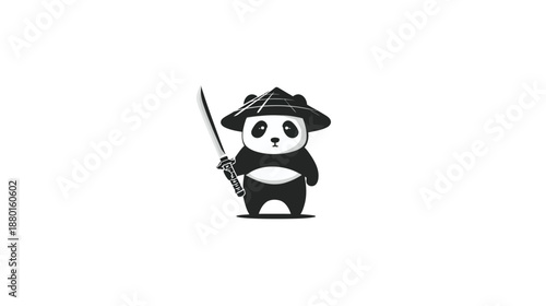 Charming cartoon panda character, a fierce yet cute warrior wearing a traditional Asian hat and holding a samurai sword.