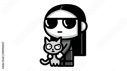 Cool minimalist cartoon character with long dark hair and sunglasses holding a grey cat. Simple flat vector illustration.