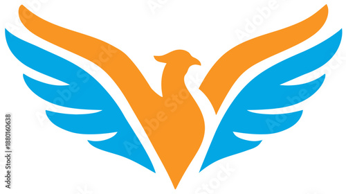 Modern stylized phoenix or eagle bird icon with outstretched orange and blue wings, dynamic abstract vector logo design element