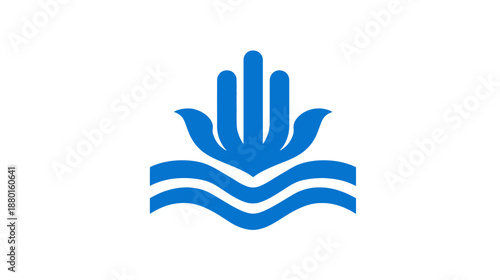 Abstract blue hand rising from stylized waves icon. Represents water, care, environment, nature, and community support graphic.