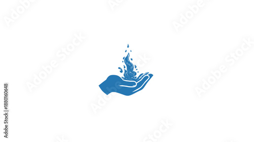 Vector icon of a blue human hand with splashing water drops, symbolizing purity, hydration, and resource conservation on white.