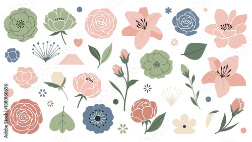 Assorted flowers and leaves in various colors illustrated in a floral arrangement