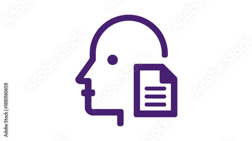 Thought and Information Icon. Human Head Profile with Document Symbolizing Knowledge, Learning, Data, Memory, and Cognitive Processing.