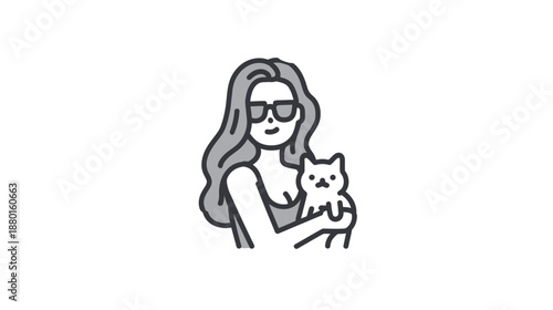 Minimalist line art illustration of a young woman with sunglasses holding a small domestic cat, simple pet owner graphic
