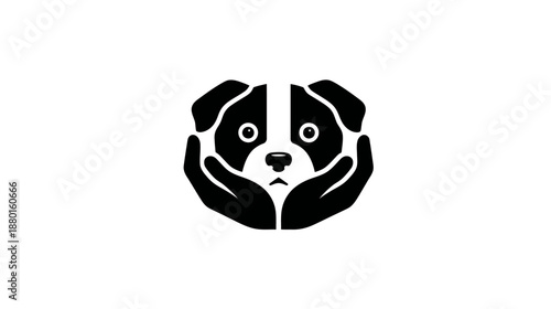 Minimalist black and white icon of a dog's face gently cupped by hands, symbolizing pet care, animal welfare, protection, and adoption.