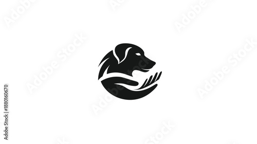 Stylized graphic of a dog's head supported by a hand, symbolizing pet care, animal welfare, and companionship.