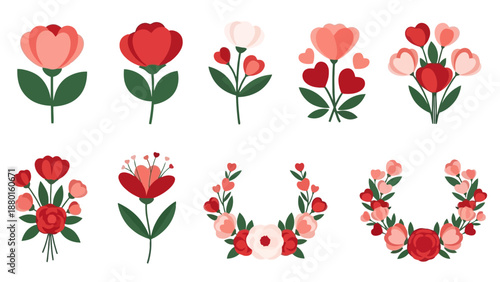 Assorted flowers and bouquets in various arrangements and wreaths beautifully illustrated