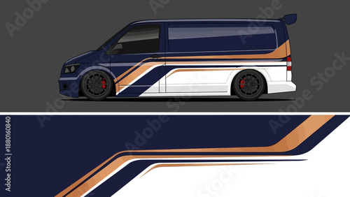 Stylized futuristic shuttle bus with blue, white and copper stripes and bold silhouette on dark background.