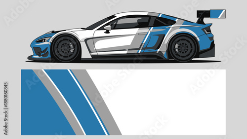 Illustrated blue and white race car perched on a stand with sleek geometric design accents.