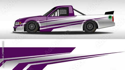 Purple and white race car with bold graphics on white background.