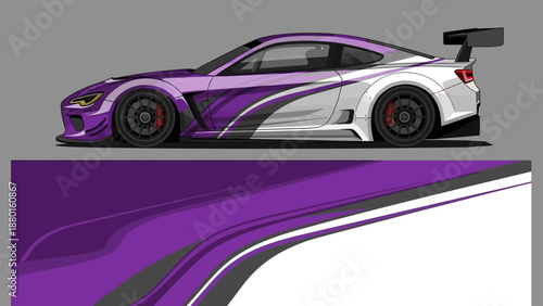 Purple sports car with dynamic graphics and swooping curves in a stylized design.