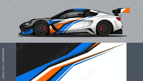 High-velocity race car design featuring bold blue and orange stripes and sleek aerodynamic styling.