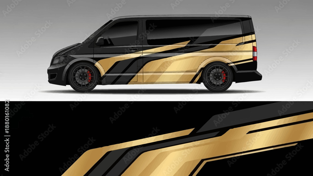 Obraz premium Sleek black van with bold gold graphic wrap designed for branding and marketing.