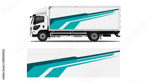Graphic striped trailer truck with teal diagonal design on white body for transportation themes.