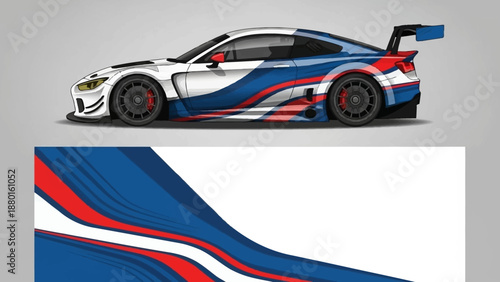 High speed blue, red, and white racecar with aerodynamic livery on the track.