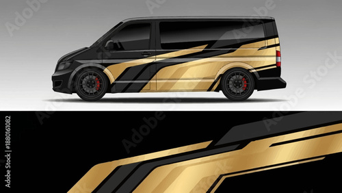 Sleek black van with bold gold graphic wrap designed for branding and marketing.